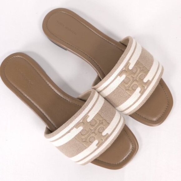 NWOB Tory Burch DOUBLE T JACQUARD Slide‎ Camel Ash White Logo Sandals Size 9.5M
